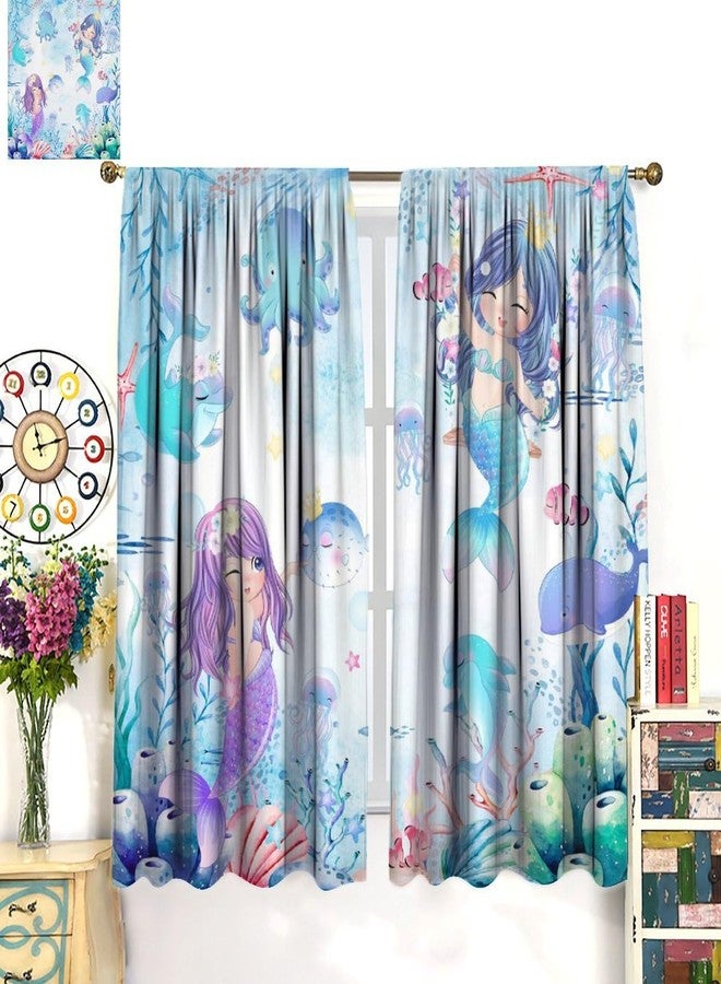 AAVEUP Mermaid Curtains for Girls,Cartoon Fantasy Blue Sea World Cute Jellyfish Dolphin Flower Mermaid Princess Window Treatments for Kids Nursery Bedroom Living Room 42x45in （No Blackout） - Image 5